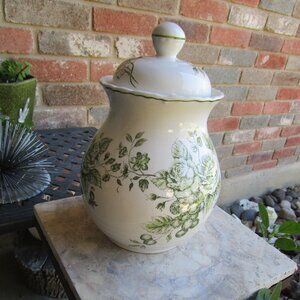 Vintage Rare Green & White Rabbit Floral Canister Stash Jar Toile By Maxcera